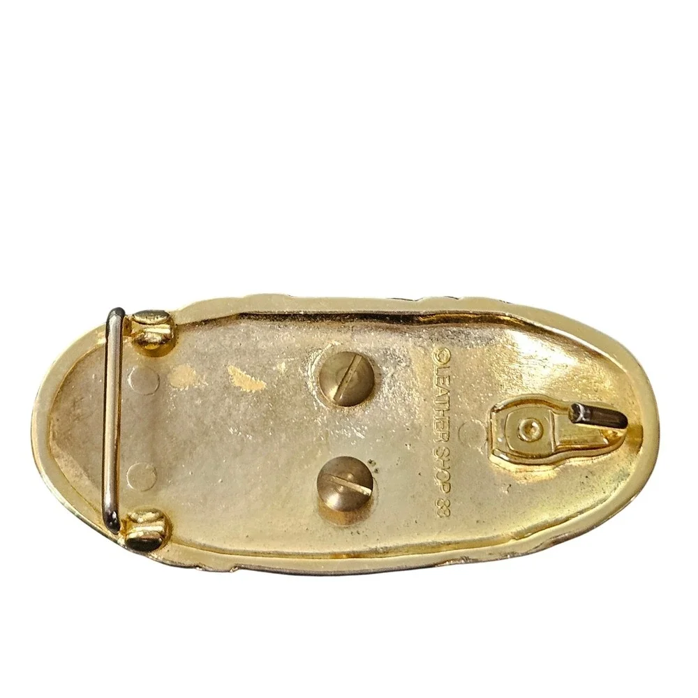 Vintage Leather Shop 88 Gold Tone Textured Oval Belt Buckle 1980s Retro Bold